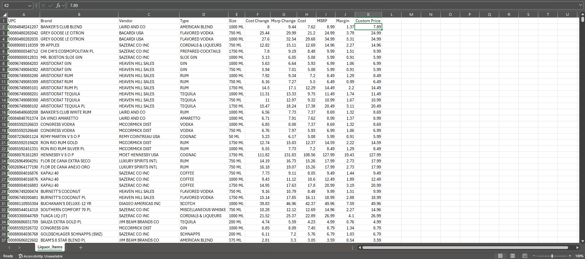 Excel image of liquor items